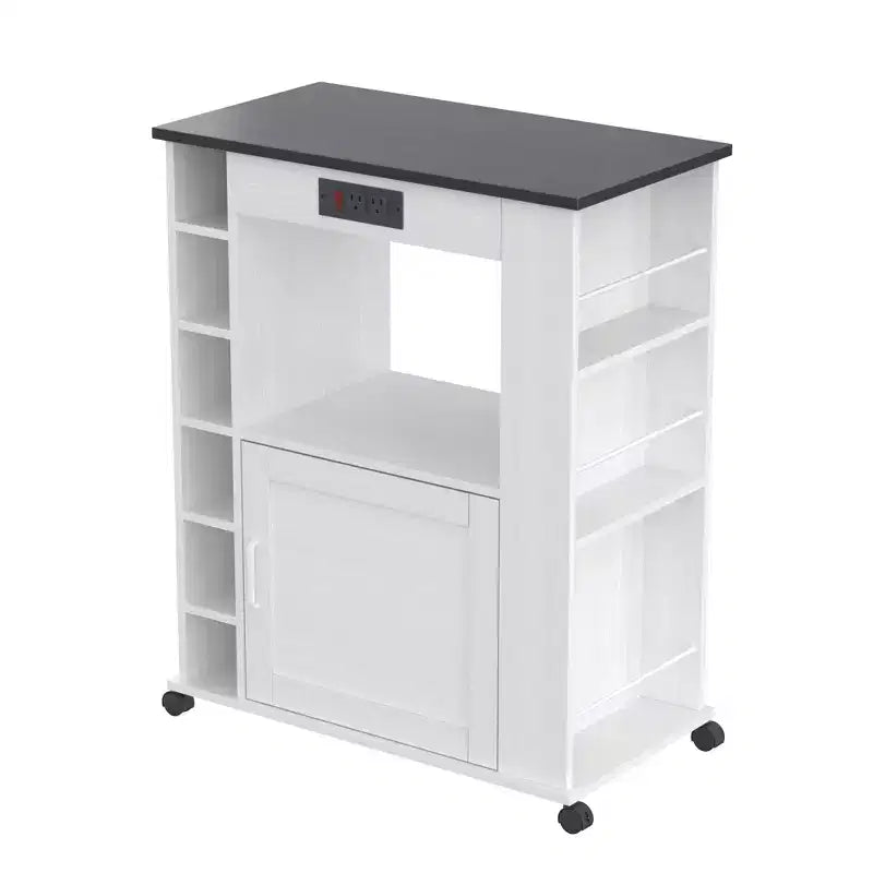 Meuble de rangement roulant d'îlot de cuisine VECELO avec station de recharge et étagères ouvertes, blanc/marron