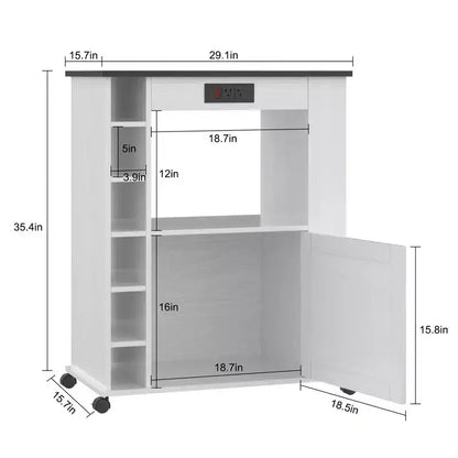 Meuble de rangement roulant d'îlot de cuisine VECELO avec station de recharge et étagères ouvertes, blanc/marron