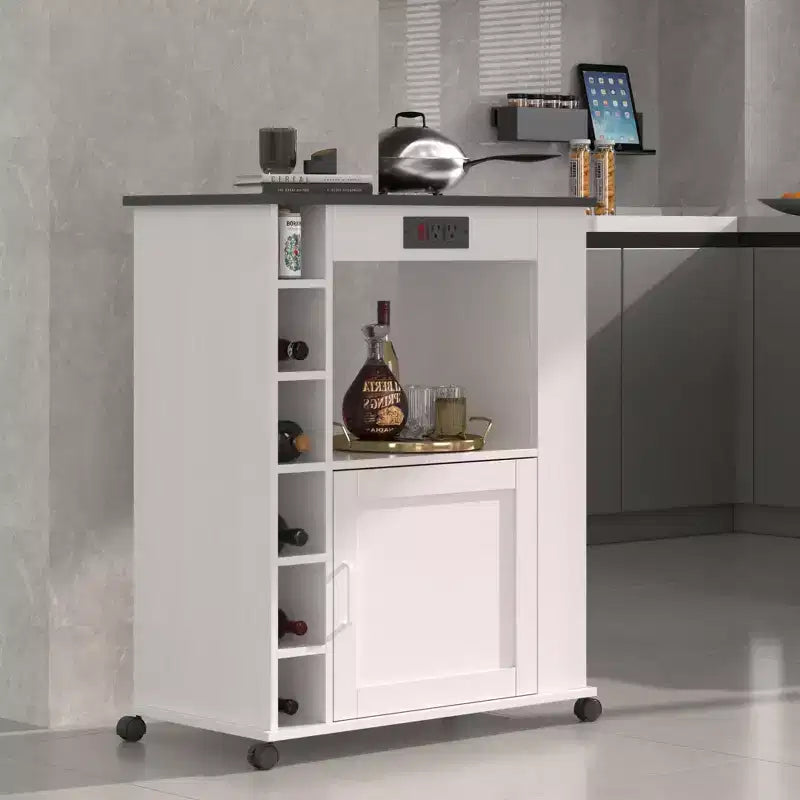 Meuble de rangement roulant d'îlot de cuisine VECELO avec station de recharge et étagères ouvertes, blanc/marron