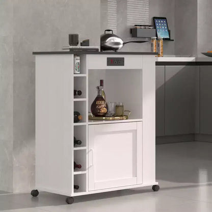 Meuble de rangement roulant d'îlot de cuisine VECELO avec station de recharge et étagères ouvertes, blanc/marron