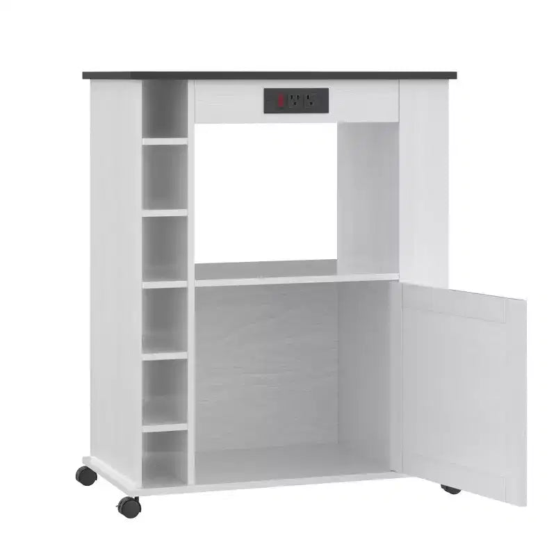 Meuble de rangement roulant d'îlot de cuisine VECELO avec station de recharge et étagères ouvertes, blanc/marron