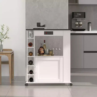 Meuble de rangement roulant d'îlot de cuisine VECELO avec station de recharge et étagères ouvertes, blanc/marron