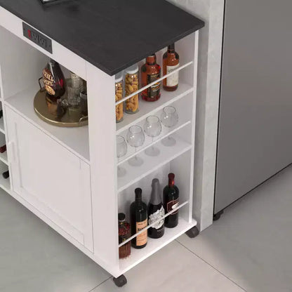 Meuble de rangement roulant d'îlot de cuisine VECELO avec station de recharge et étagères ouvertes, blanc/marron
