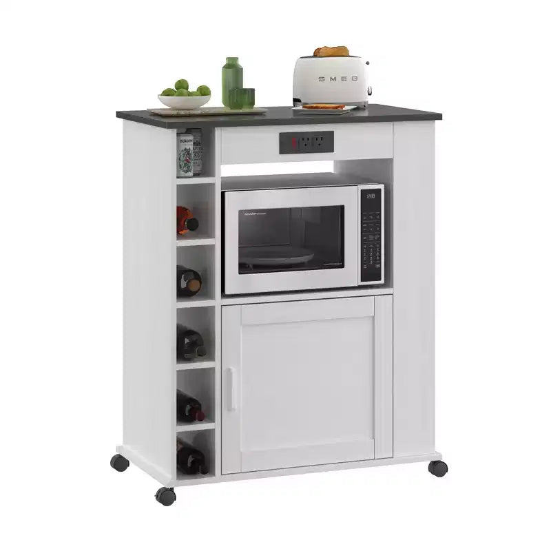 Meuble de rangement roulant d'îlot de cuisine VECELO avec station de recharge et étagères ouvertes, blanc/marron