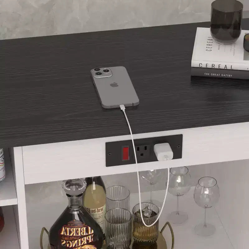 Meuble de rangement roulant d'îlot de cuisine VECELO avec station de recharge et étagères ouvertes, blanc/marron