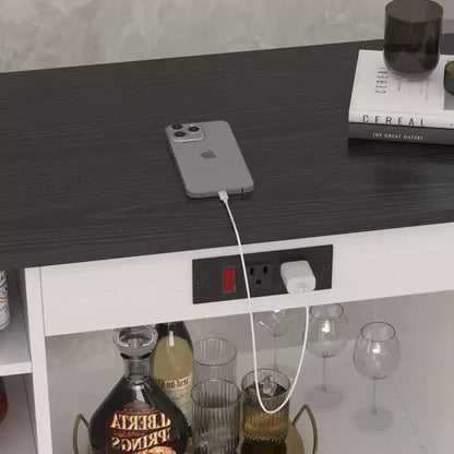 Meuble de rangement roulant d'îlot de cuisine VECELO avec station de recharge et étagères ouvertes, blanc/marron