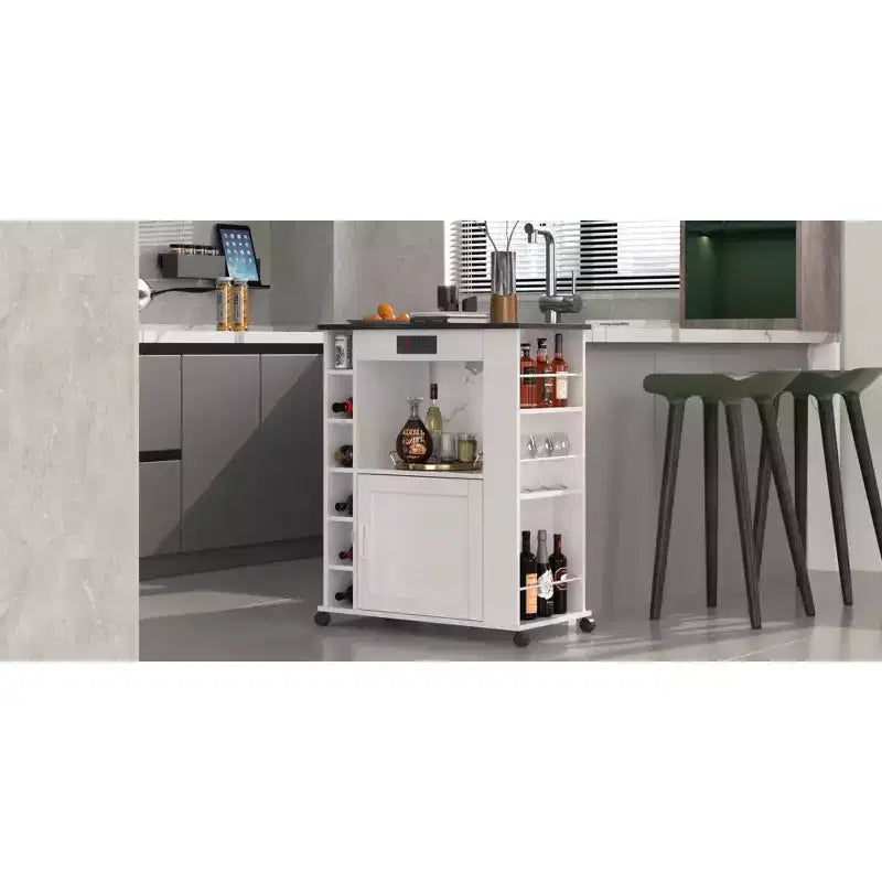 Meuble de rangement roulant d'îlot de cuisine VECELO avec station de recharge et étagères ouvertes, blanc/marron