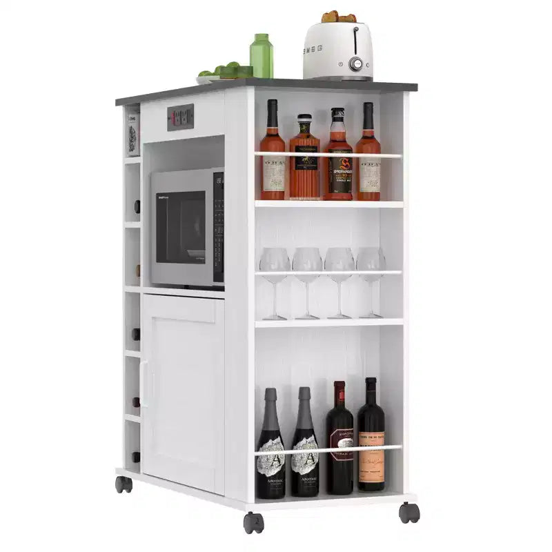 Meuble de rangement roulant d'îlot de cuisine VECELO avec station de recharge et étagères ouvertes, blanc/marron