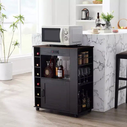 Meuble de rangement roulant d'îlot de cuisine VECELO avec station de recharge et étagères ouvertes, blanc/marron
