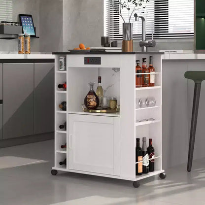 Meuble de rangement roulant d'îlot de cuisine VECELO avec station de recharge et étagères ouvertes, blanc/marron