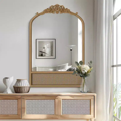 Miroir Mural Marron en Bois Massif Sculpté à la Main avec Tressage en Rotin, Angle Droit Légèrement Arqué