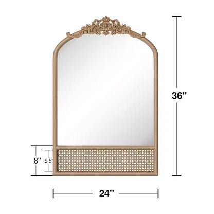 Miroir Mural Marron en Bois Massif Sculpté à la Main avec Tressage en Rotin, Angle Droit Légèrement Arqué