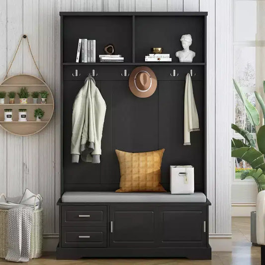 Whisen Elegant Style 3-in-1 Hall Tree with Sliding Doors, 6 Hooks and Shoe Storage