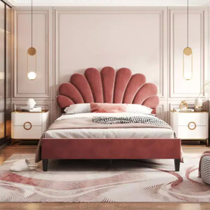 Lit plateforme tapissier pleine grandeur rouge pâte de haricot avec tête de lit florale en velours