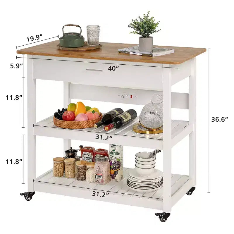 Desserte de cuisine roulante VECELO 40 avec tiroir et multiprise, 2 étagères de rangement pour cuisine, blanc