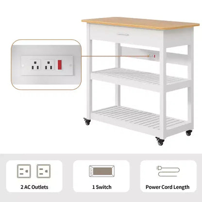 Desserte de cuisine roulante VECELO 40 avec tiroir et multiprise, 2 étagères de rangement pour cuisine, blanc