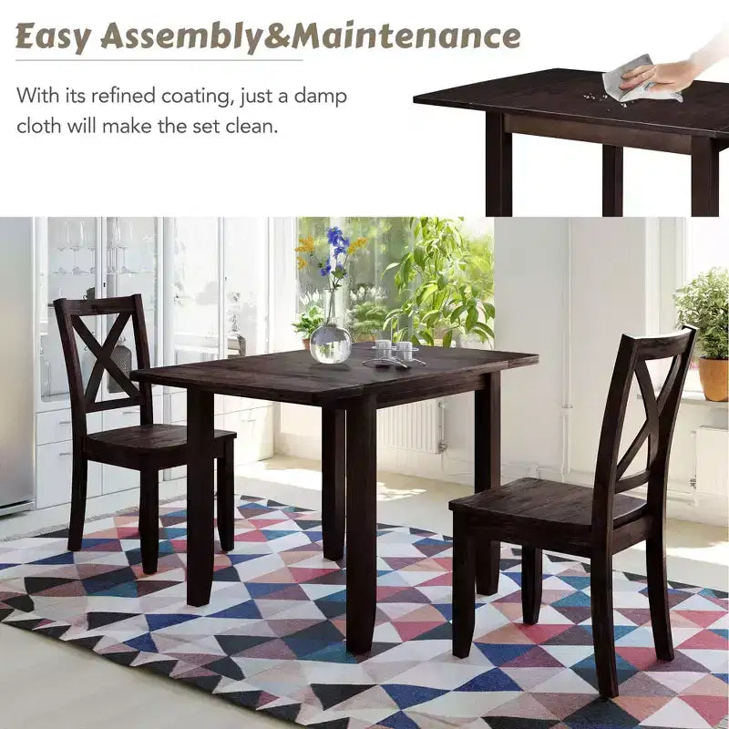 Ensemble petit-déjeuner 3 pièces avec table à rallonges : table en bois, 2 chaises dossier en X - Idéal pour les petits espaces