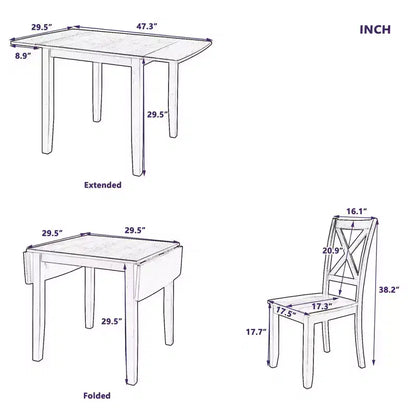 Ensemble petit-déjeuner 3 pièces avec table à rallonges : table en bois, 2 chaises dossier en X - Idéal pour les petits espaces
