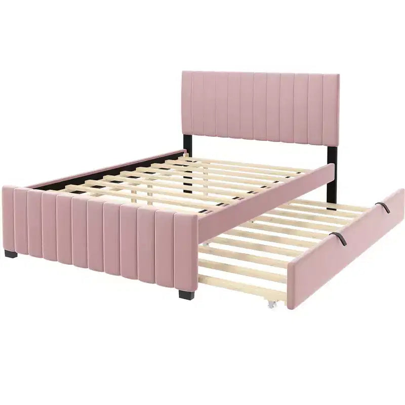 Lit plateforme double en velours avec lit gigogne - Élégant et peu encombrant