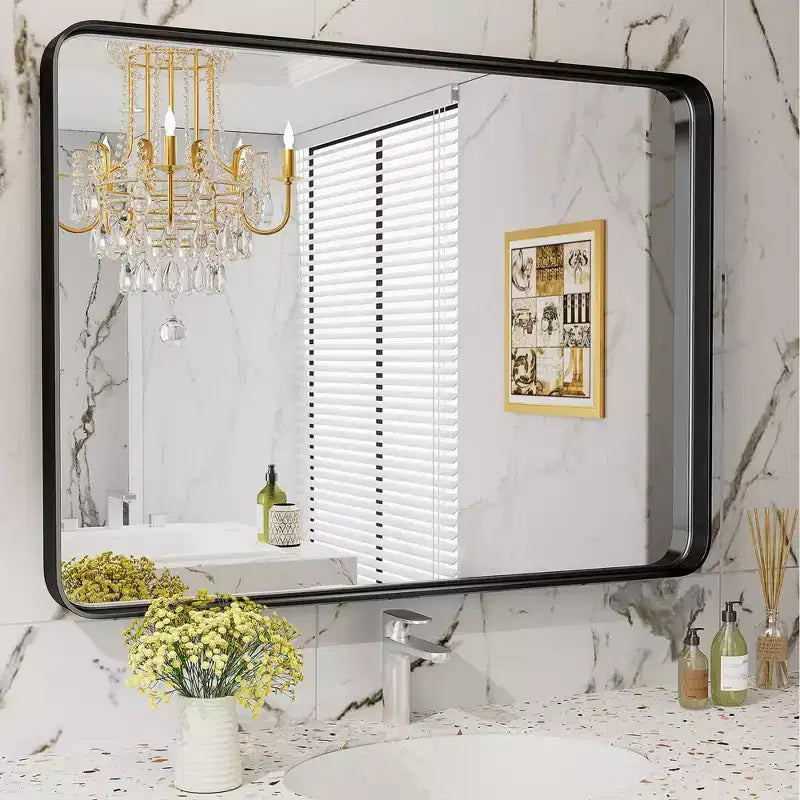 Miroir de salle de bain carré, miroir de courtoisie, miroir mural, miroir mural à cadre en alliage d'aluminium, style ferme