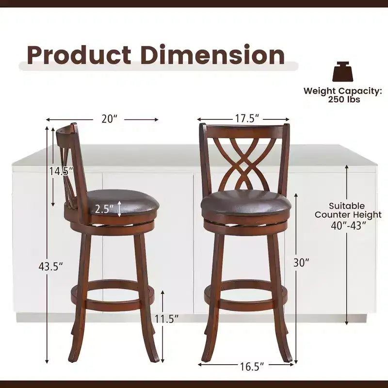 Lot de 2 tabourets de bar pivotants Costway, chaises de salle à manger ou de pub à hauteur de bar avec pieds en bois d'hévéa