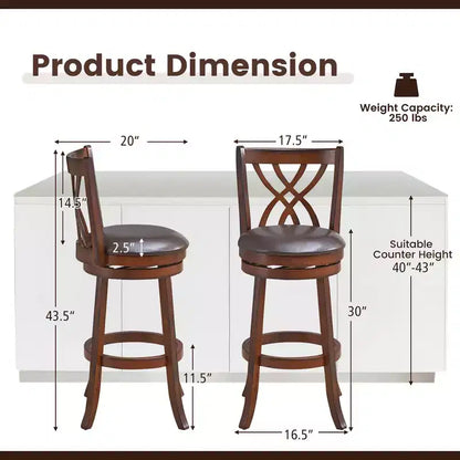 Lot de 2 tabourets de bar pivotants Costway, chaises de salle à manger ou de pub à hauteur de bar avec pieds en bois d'hévéa