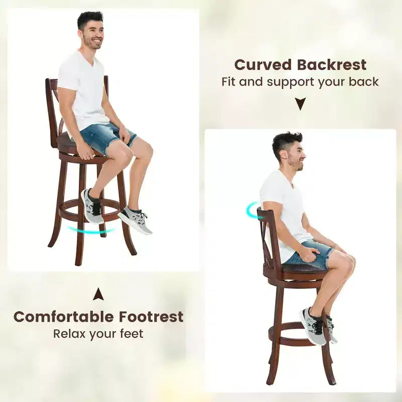 Lot de 2 tabourets de bar pivotants Costway, chaises de salle à manger ou de pub à hauteur de bar avec pieds en bois d'hévéa