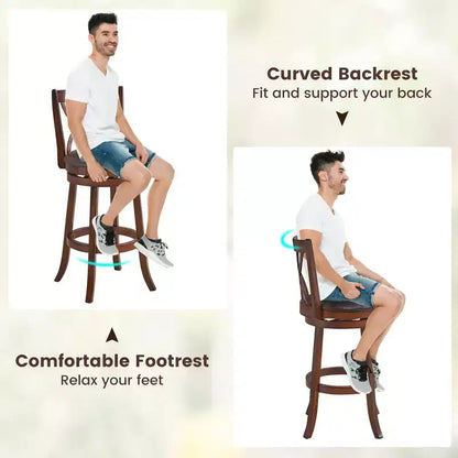 Lot de 2 tabourets de bar pivotants Costway, chaises de salle à manger ou de pub à hauteur de bar avec pieds en bois d'hévéa