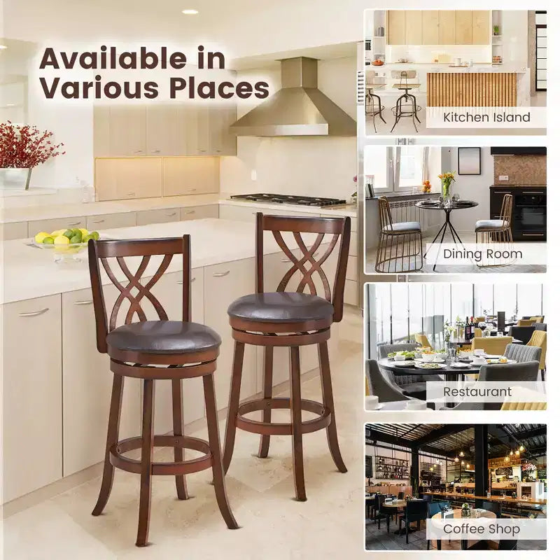 Lot de 2 tabourets de bar pivotants Costway, chaises de salle à manger ou de pub à hauteur de bar avec pieds en bois d'hévéa