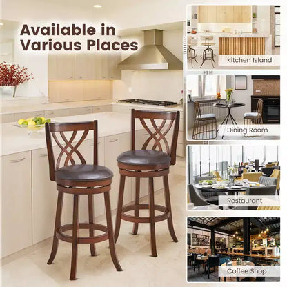 Lot de 2 tabourets de bar pivotants Costway, chaises de salle à manger ou de pub à hauteur de bar avec pieds en bois d'hévéa