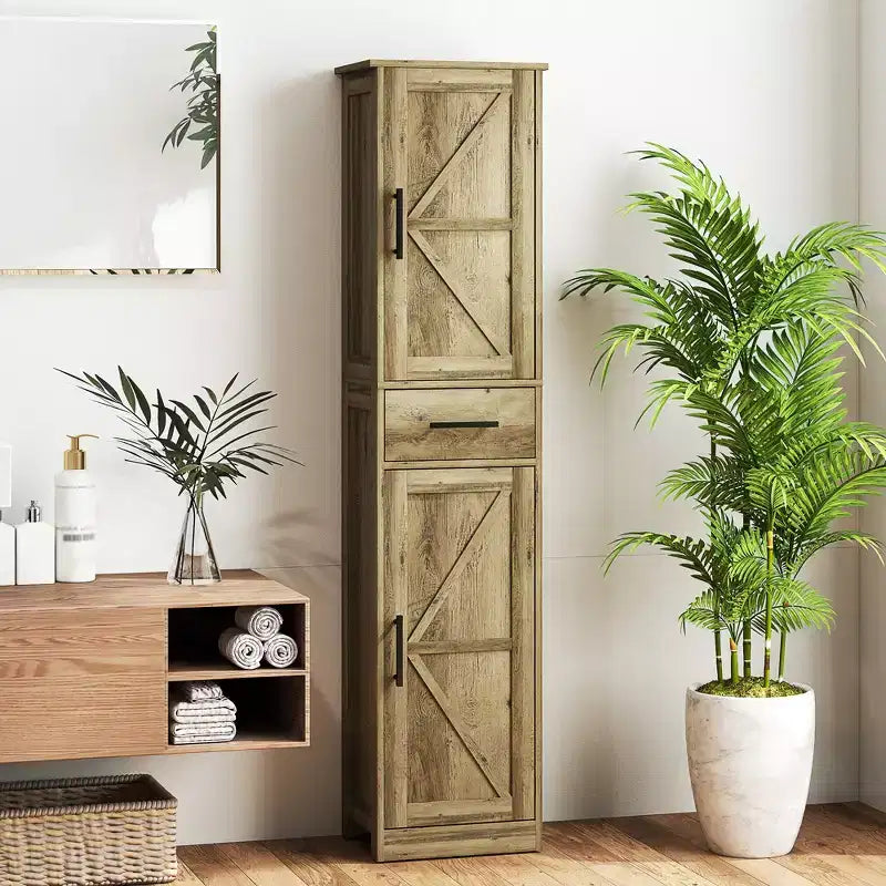 HOMCOM Armoire de Rangement de Salle de Bain Haute 170 cm avec Tiroir, Meuble de Salle de Bain Etroit Style Ferme avec Portes Coulissantes et Etagères Réglables, Armoire à Linge