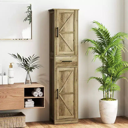 HOMCOM Armoire de Rangement de Salle de Bain Haute 170 cm avec Tiroir, Meuble de Salle de Bain Etroit Style Ferme avec Portes Coulissantes et Etagères Réglables, Armoire à Linge