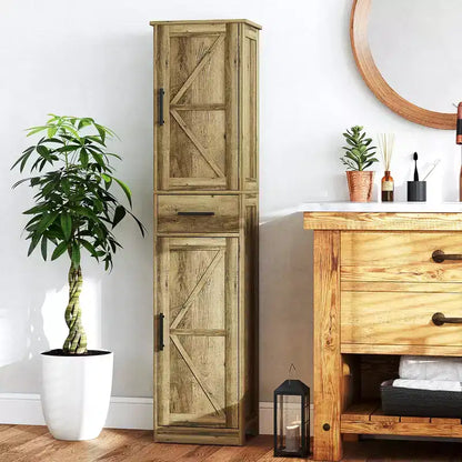 HOMCOM Armoire de Rangement de Salle de Bain Haute 170 cm avec Tiroir, Meuble de Salle de Bain Etroit Style Ferme avec Portes Coulissantes et Etagères Réglables, Armoire à Linge