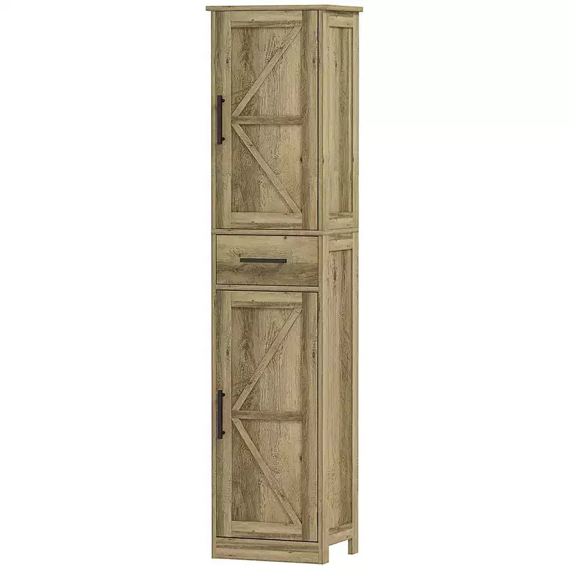 HOMCOM Armoire de Rangement de Salle de Bain Haute 170 cm avec Tiroir, Meuble de Salle de Bain Etroit Style Ferme avec Portes Coulissantes et Etagères Réglables, Armoire à Linge
