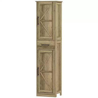 HOMCOM Armoire de Rangement de Salle de Bain Haute 170 cm avec Tiroir, Meuble de Salle de Bain Etroit Style Ferme avec Portes Coulissantes et Etagères Réglables, Armoire à Linge