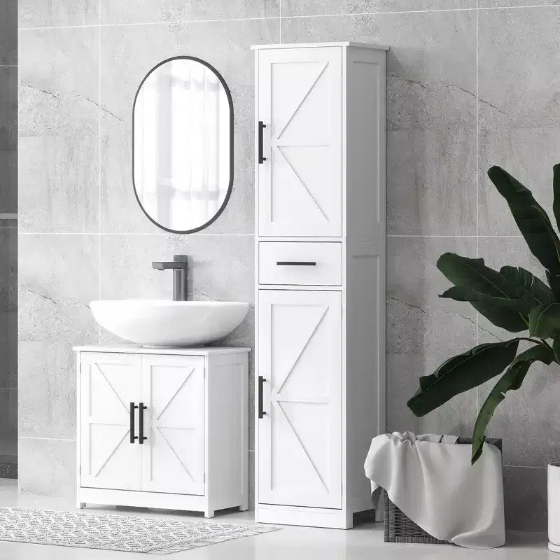 HOMCOM Armoire de Rangement de Salle de Bain Haute 170 cm avec Tiroir, Meuble de Salle de Bain Etroit Style Ferme avec Portes Coulissantes et Etagères Réglables, Armoire à Linge