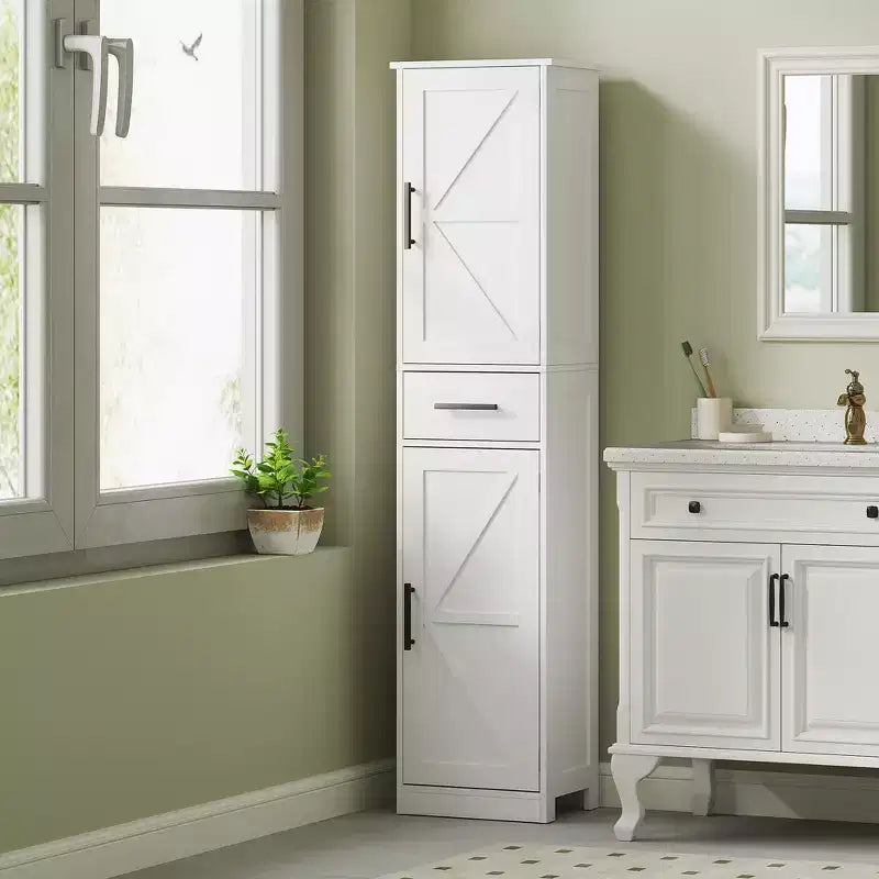 HOMCOM Armoire de Rangement de Salle de Bain Haute 170 cm avec Tiroir, Meuble de Salle de Bain Etroit Style Ferme avec Portes Coulissantes et Etagères Réglables, Armoire à Linge