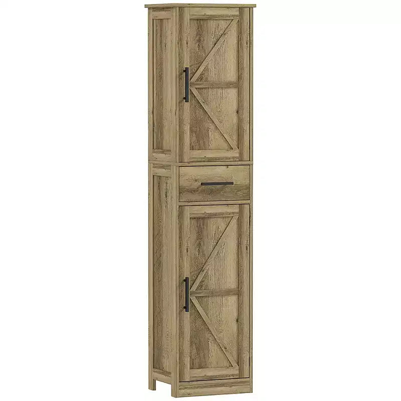 HOMCOM 67 Tall Bathroom Storage Cabinet with Drawer, Farmhouse Narrow Bathroom Cabinet with Barn Doors and Adjustable Shelves, Linen Cabinet