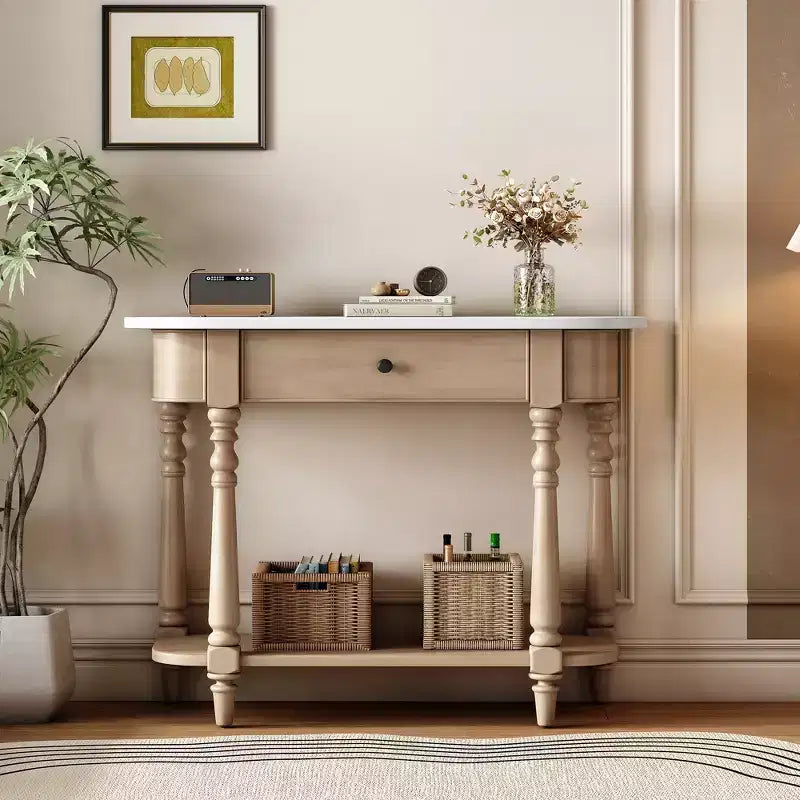 Whisen Retro Corner-curved Console Table with Top Drawer and Open Shelf for Living Room and Entryway