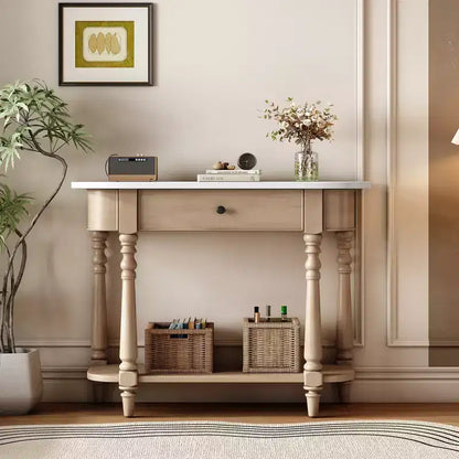 Whisen Retro Corner-curved Console Table with Top Drawer and Open Shelf for Living Room and Entryway