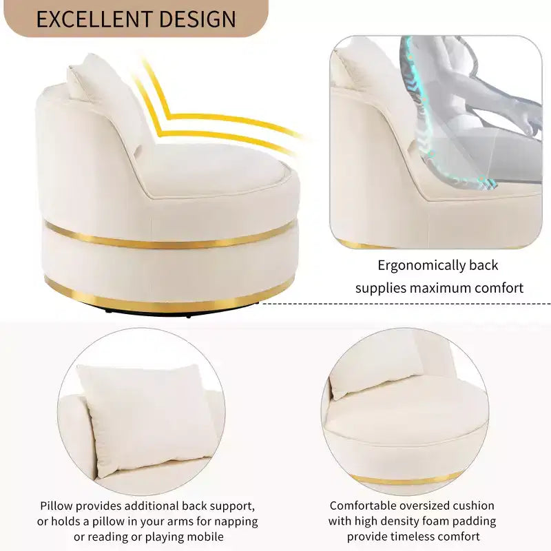 Fauteuil pivotant à 360°, fauteuil baril moderne en velours rembourré surdimensionné avec coussin - HABITRIO
