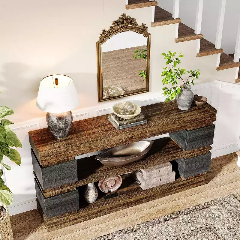 Lantine 63 Table Console Longue à 3 Niveaux avec Rangement pour Entrée, Marron