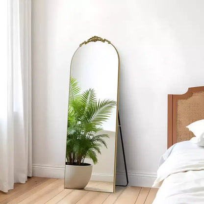 Right Angle Arched Gold Mirror: 64.35 x 23.4, Carved Wood, Full-Length