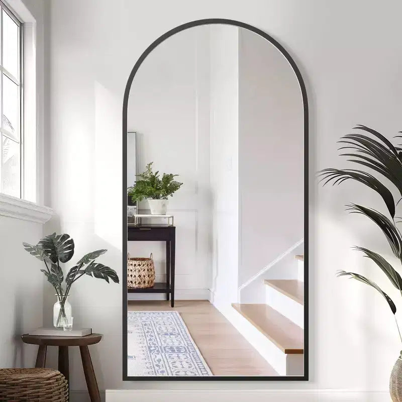 Solid Wood Straight Edge Right Angle Arch Black Full-Length Mirror 180x90x2 cm (Without Stand)