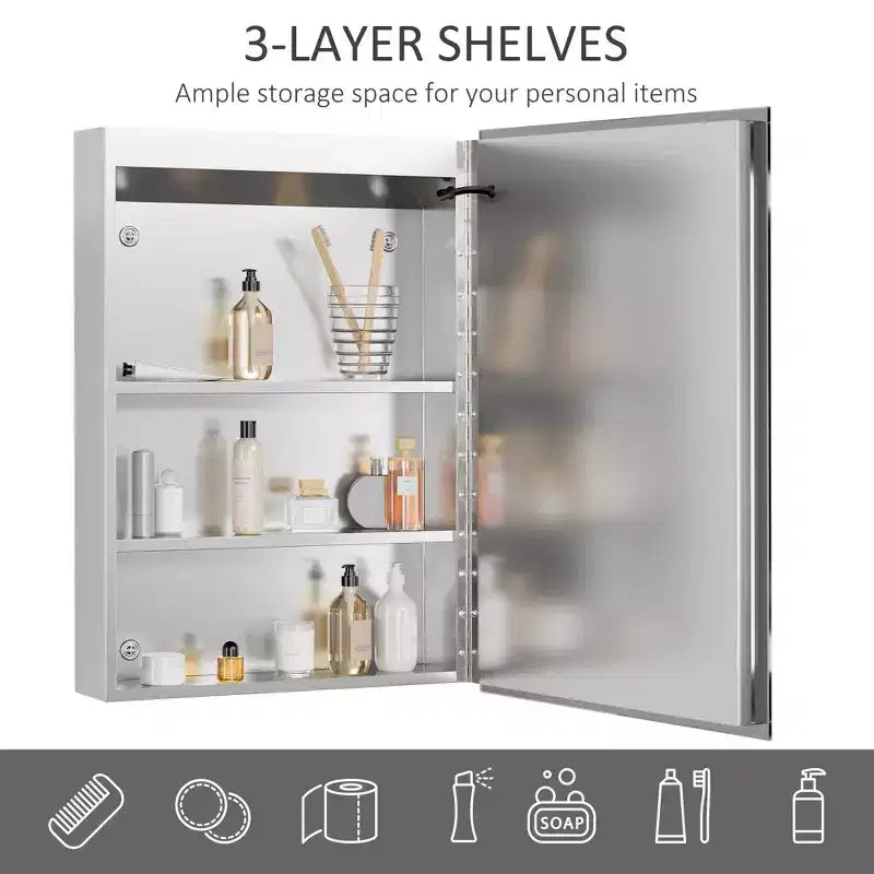 Armoire à pharmacie éclairée par LED avec miroir, organisateur de salle de bain mural à brancher avec 3 étagères de rangement