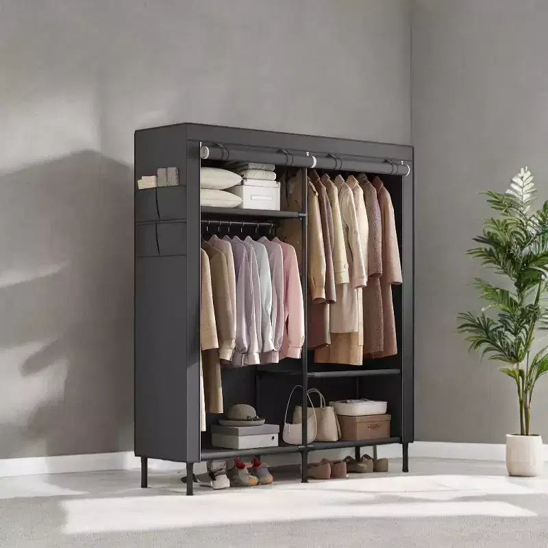 LEDREM Organiseur de placard portable autoportant, placard de rangement robuste de 165 cm avec housse, 2 tringles de suspension, 3 étagères, 4 poches latérales