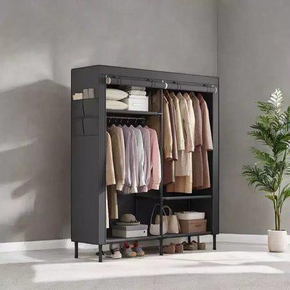 LEDREM Organiseur de placard portable autoportant, placard de rangement robuste de 165 cm avec housse, 2 tringles de suspension, 3 étagères, 4 poches latérales