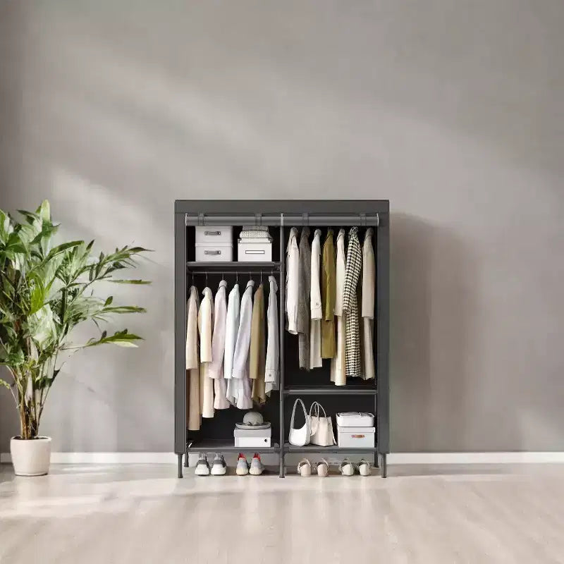 LEDREM Organiseur de placard portable autoportant, placard de rangement robuste de 165 cm avec housse, 2 tringles de suspension, 3 étagères, 4 poches latérales