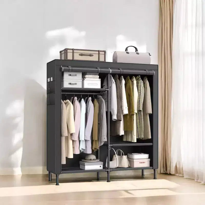 LEDREM Organiseur de placard portable autoportant, placard de rangement robuste de 165 cm avec housse, 2 tringles de suspension, 3 étagères, 4 poches latérales