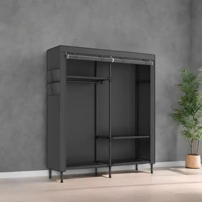 LEDREM Organiseur de placard portable autoportant, placard de rangement robuste de 165 cm avec housse, 2 tringles de suspension, 3 étagères, 4 poches latérales